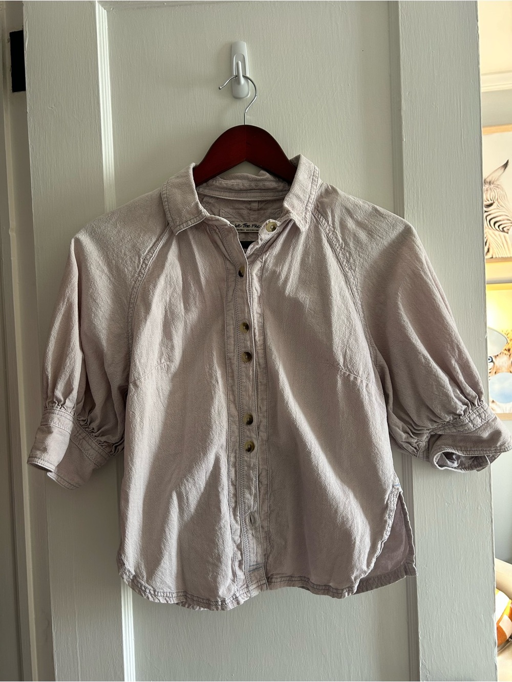 Free People Light Lavender/Taupe Button-Front Cotton Shirt w/ Puff Sleeves